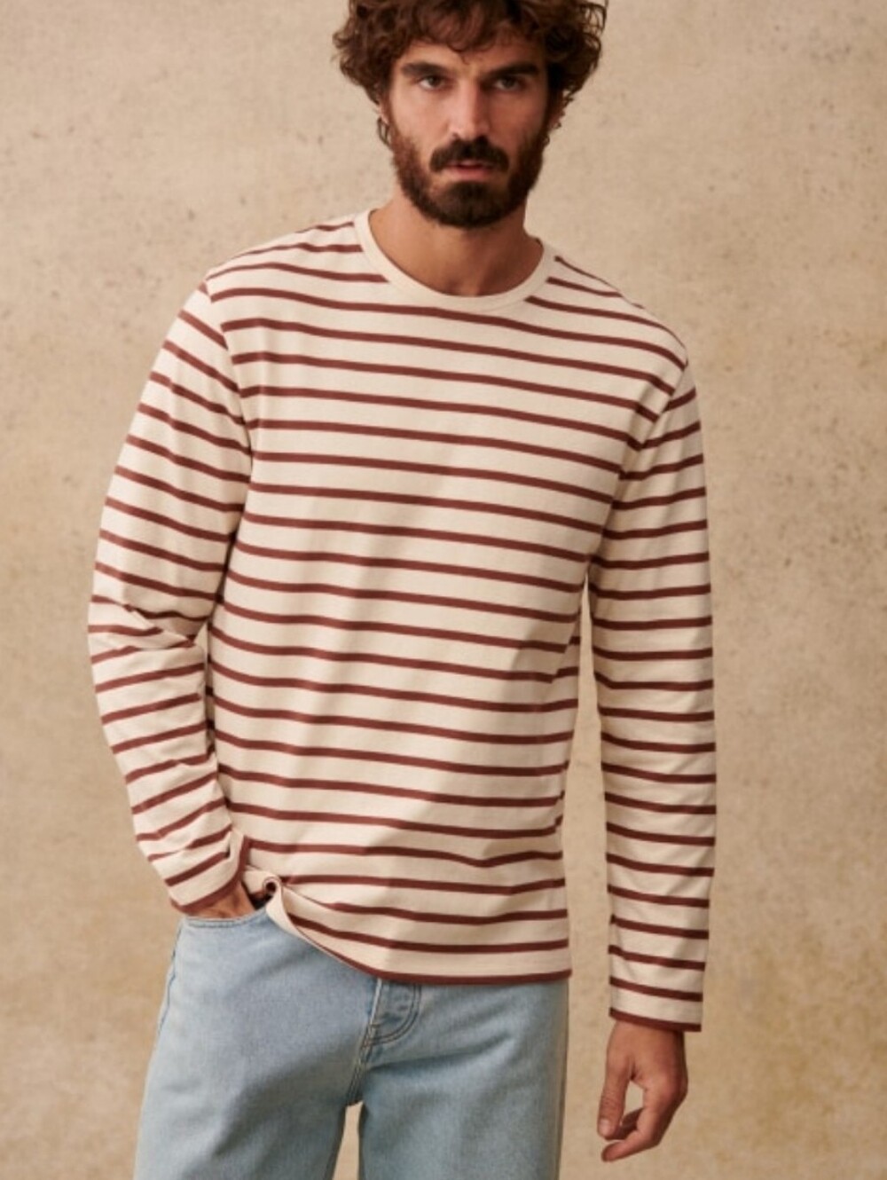 Octobre Editions Geron Écru / Terracotta Cotton Long Sleeves Men's T-Shirt XXL